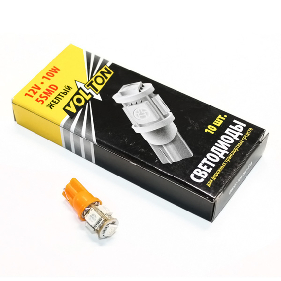 Лампа светодиодная T10 (W2.1x9.5d) 12V 5W 5SMD габаритов, повторителей желт 